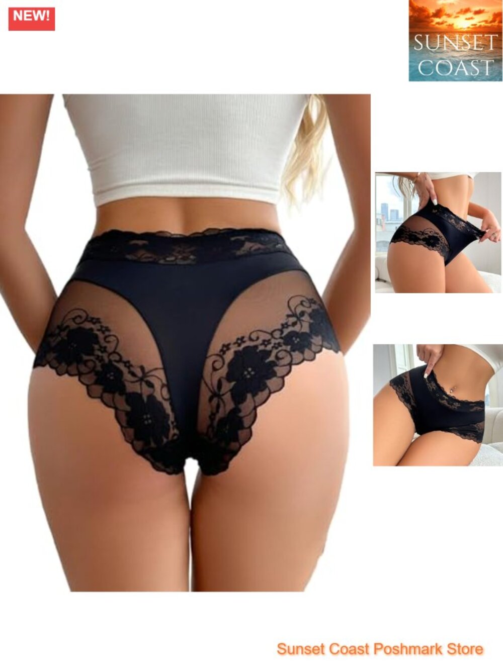 Lace Sheer High Waist Brief Panty Seamless Sexy Underwear for Women